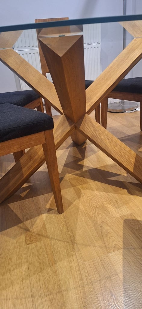 Round Solid Oak Dining Room Table with glass top & 6 chairs for sale in Ealing