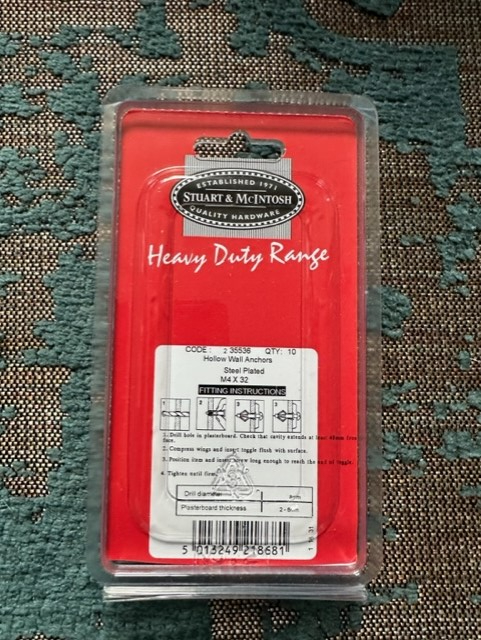 NEW unopened pack of heavy duty holow wall anchors steel plated M4 X 32, qty of 10