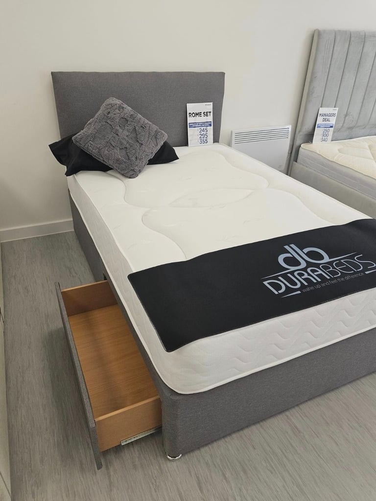 dark Grey Double Fabric Divan Bed With Mattress & Storage Drawers Optional ~~~ Same Day Delivery 
