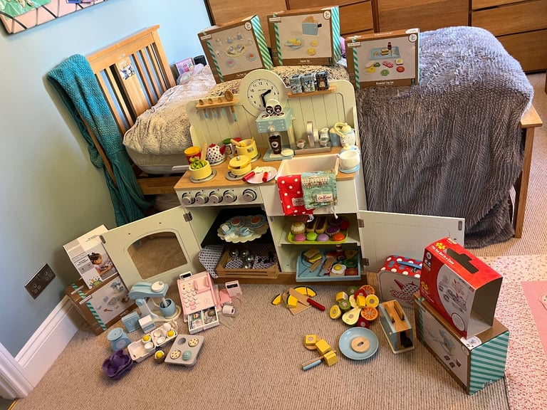 Wooden Kitchen with Wooden Appliances, Food and Accessories