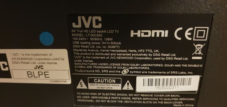 JVC 50 INCH FULL HD FREEVIEW TV + REMOTE ( NOT A SMART TV ) 1 DEAD PIXEL HENCE PRICE £30