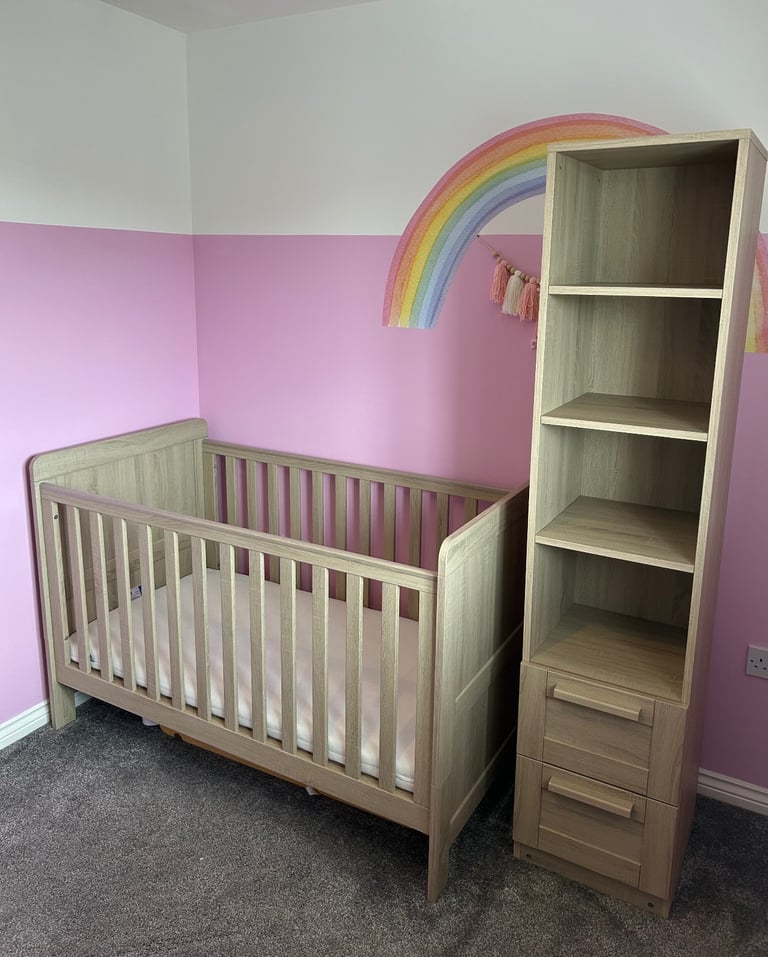 image for Nursery furniture cot bed wardrobe drawers with changing table and book shelf 