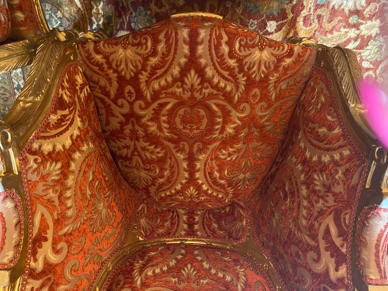 Pair of red gold French Louis XV luxurious armchairs 