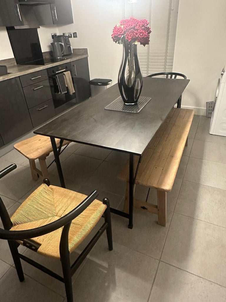 image for Dining table 2chairs and 2reclaimed wooden benches 