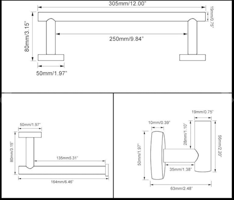 Black Bathroom Accessories Towel Rail Robe Hook Toilet Roll Holder, 3-Piece Set