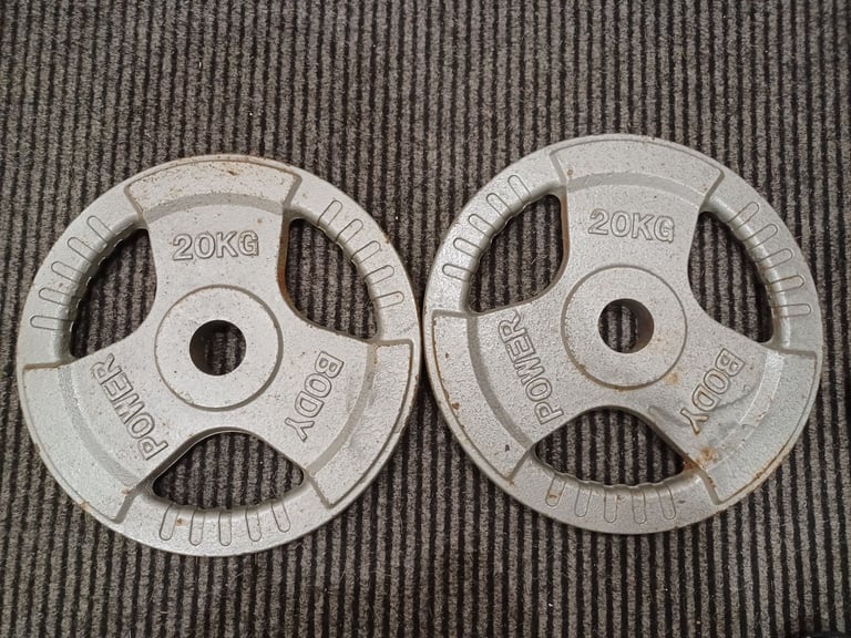 2 x 20KG BODY POWER OLYMPIC TRI GRIP WEIGHTS PLATES SET - 2 Inch Holes