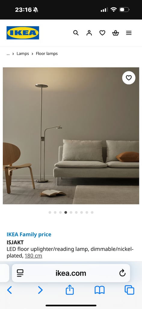 IKEA ISJAKT LED floor uplighter/reading lamp, dimmable/nickel-plated, 180 cm