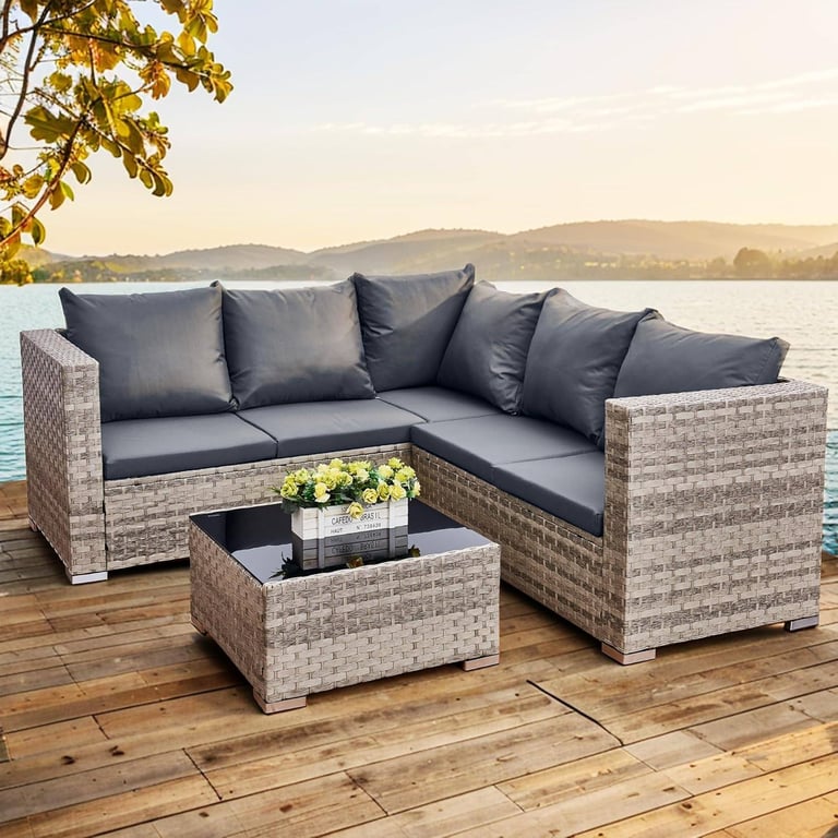 5 Seater Rattan Garden Furniture Set, Rattan Corner Sofa Set Patio Sofa with Glass Table (Grey)