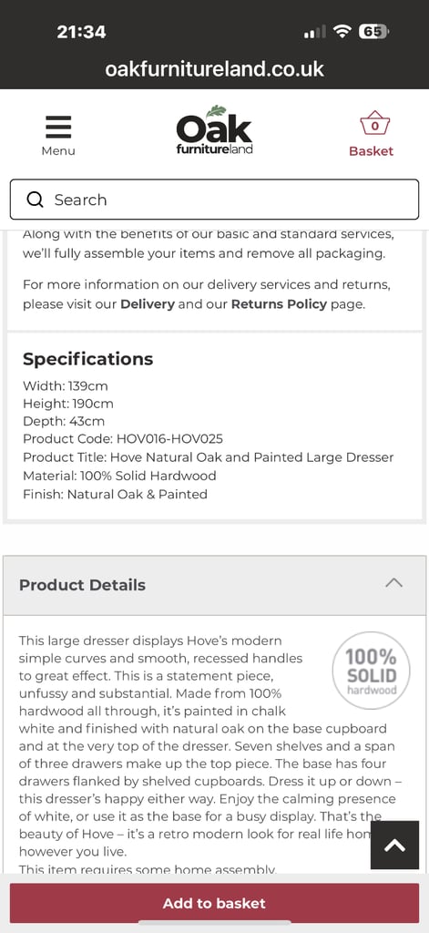 Oak furniture land large dresser
