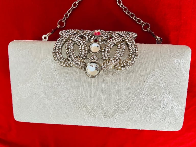image for Beautiful satin & cream Retro ‘Clutch bag’ VGC.with Rhinestones on buckle and chain. 