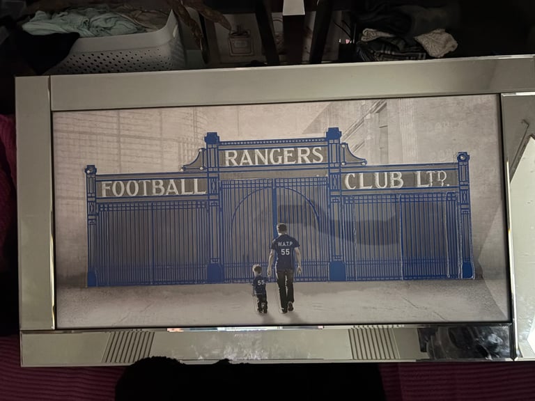 Ibrox Father & son  football  picture with liquid art & mirror frames blue white