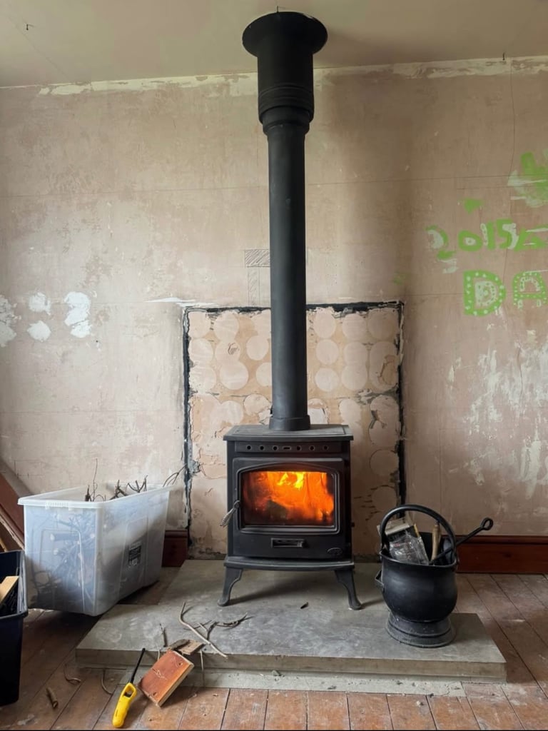 image for Cast Iron Wood Burning Stove with Flue Pipe & Hearth