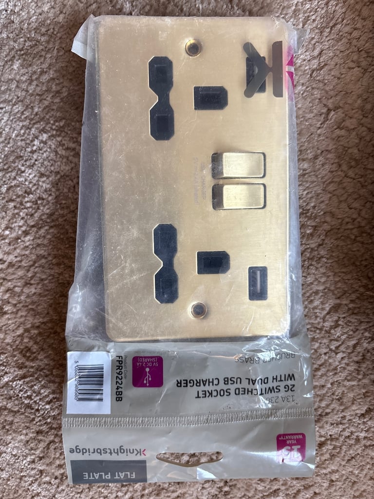 image for Two Gang Switched Socket, Brushed Brass, with USB. Three available