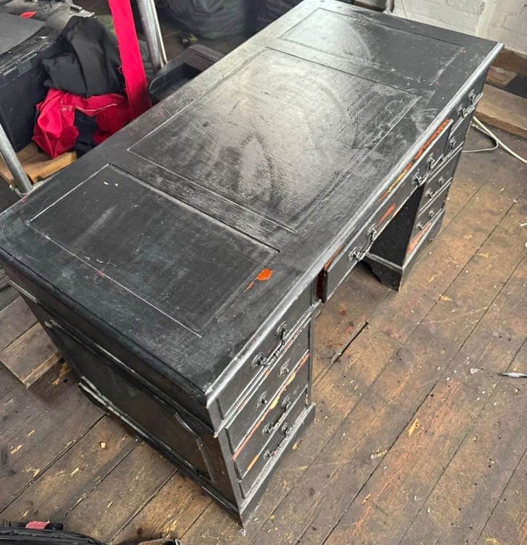 Antique vintage bankers desk brown black industrial drawers