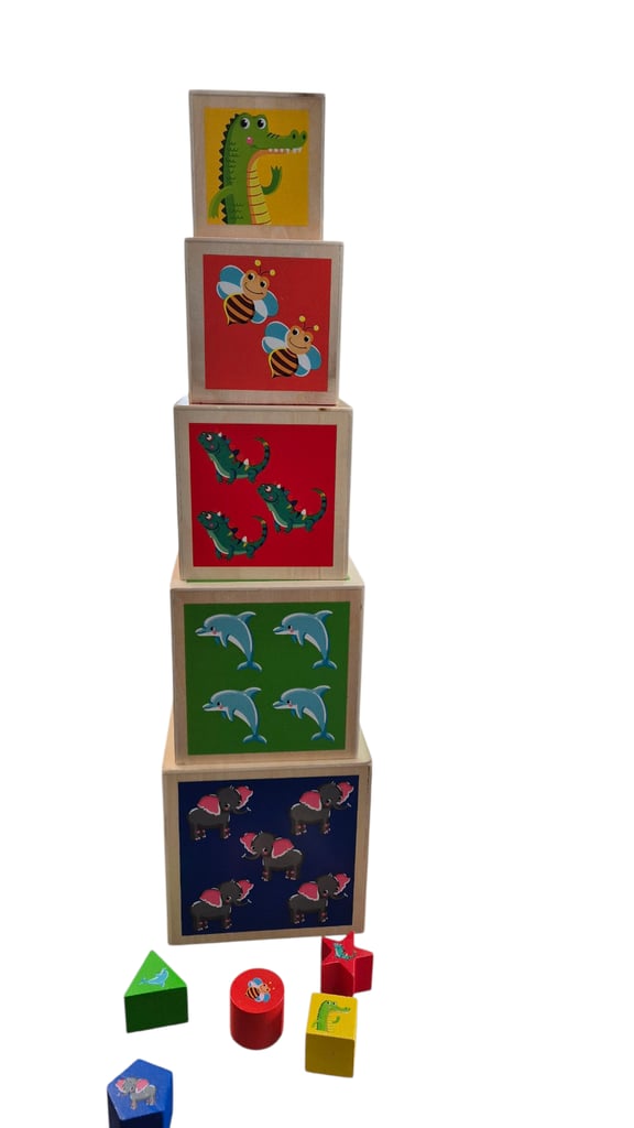 5 stack of wooden boxes with 5 shapes all slot inside each other
