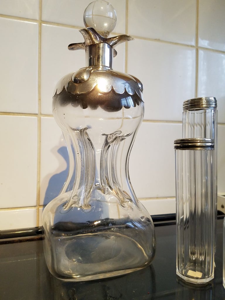 Antique Vanity Jars With Sterling Silver Lids.