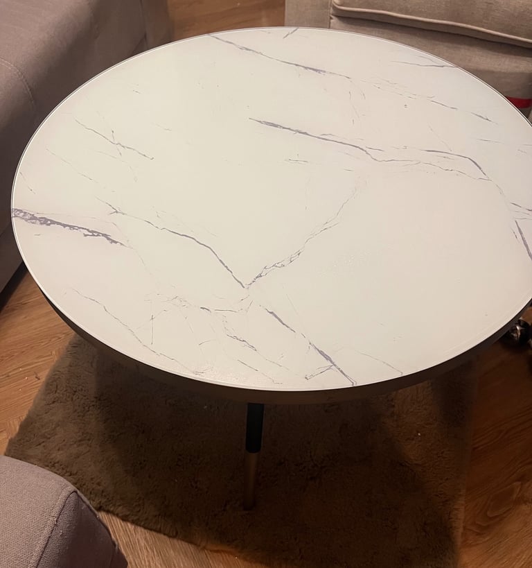 image for Modern Round Coffee Table – Marble Effect Glass, Gold Finish