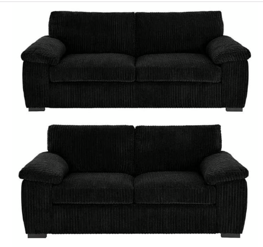 Brand New Sofa Set - Thomes Full Back Jumbo Cord L Shape Corner OR 3+2 Seater Sofa - Black