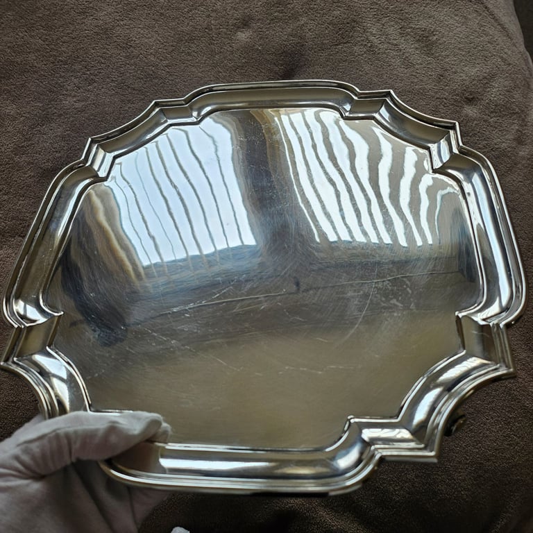12 inch  Heavy Square Antique Sterling Silver Salver, London, 1052g 