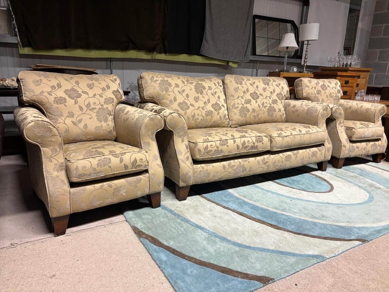image for Flowers Pattern Beige Fabric 3 Seater Sofa and 2 Chairs 
