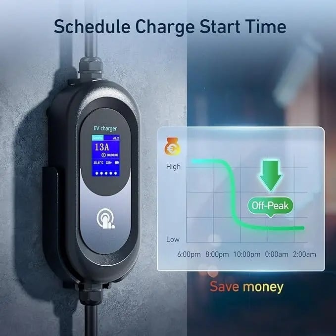 15M EV Charger Type 2 to 3 Pin, 13A Adjustable, 12 Hours Delay Timer, Touch Control, 3.3kW