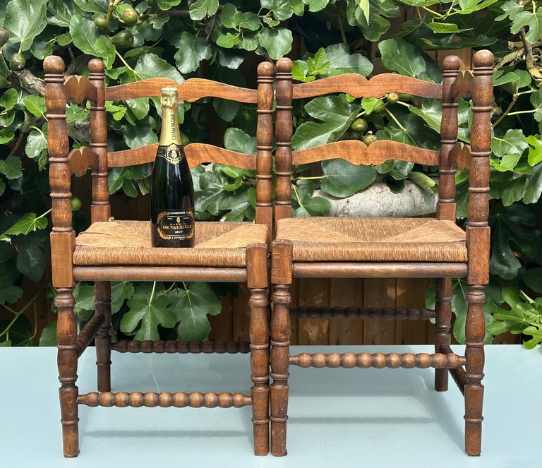 VINTAGE FRENCH BOBBIN LEG CHAIRS, CORNER CHAIRS, RUSH SEAT, H74cm - 1900s ARTS & CRAFTS - WILL POST!