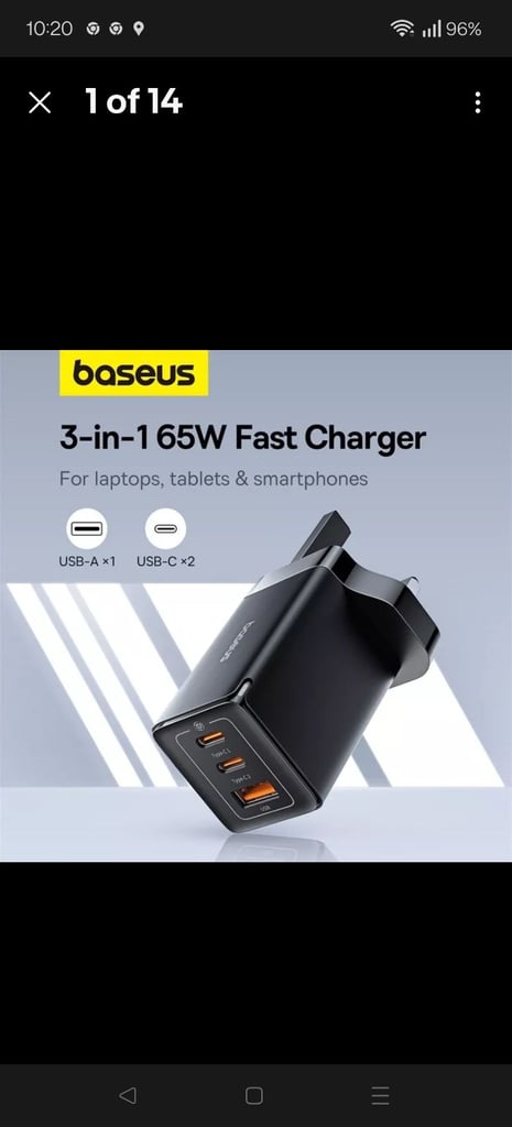 💥 Baseus 65W GaN5 Fast Charger QC4.0 PD AFC Adapters x 2 & extra usb c cables x 2 Brand New Sealed 