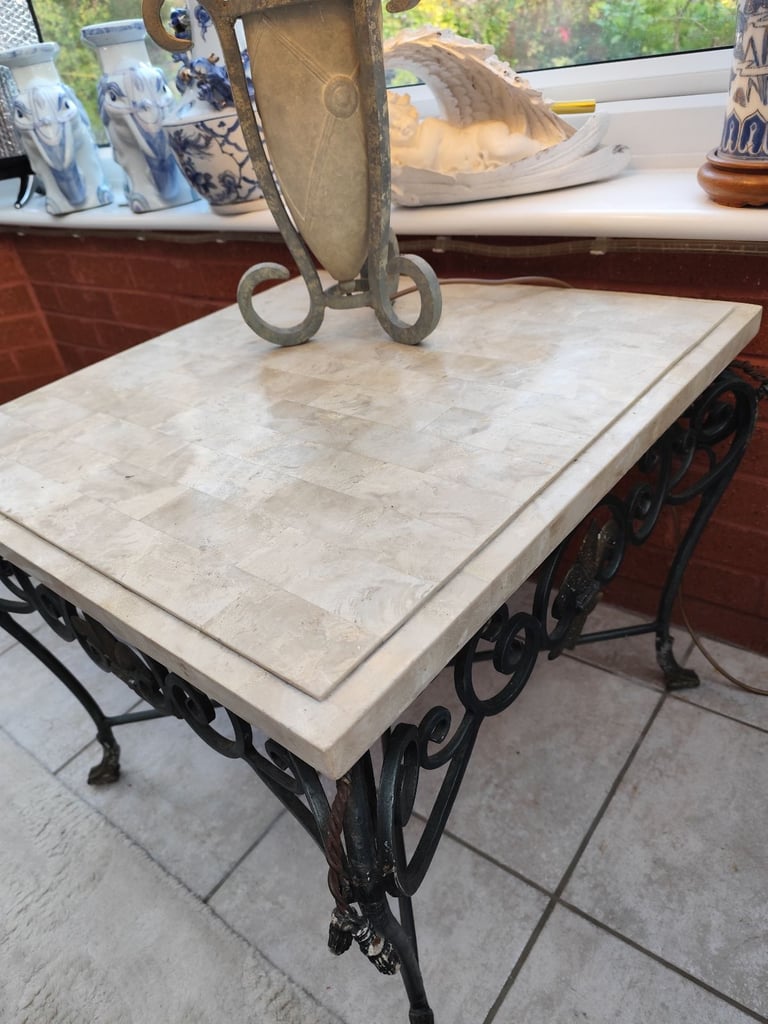 VINTAGE FRENCH MARBLE WROUGHT IRON SIDE TABLE C 1920S HEAVY SOLID