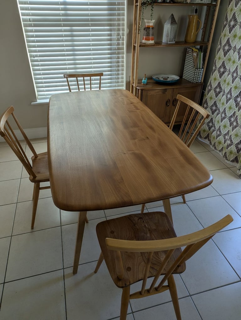 image for ❤️Lovely Ercol Plank Table & 4 Ercol Utility Dining Chairs (Model 391) Vintage Blue Label