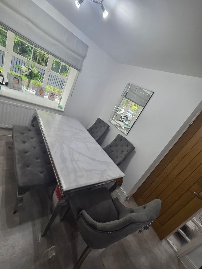 Louis Marble Dining Table + 4 Lion Knocker Chairs + Bench