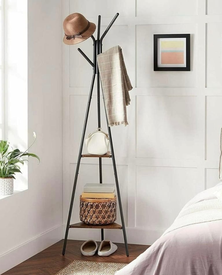 image for Black metal and wood coat rack