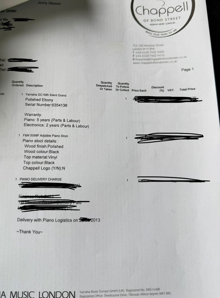 Yamaha GC1 Silent Baby Grand Piano bought from Chappell 12 years ago with receipt