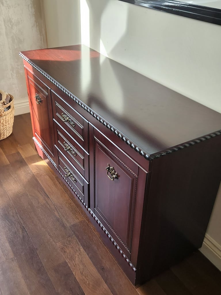 Solid Wood Mahogany Sideboard Cupboard & Drawers Unit with Carving & Brass Pulls
