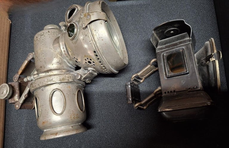 image for 2 x Vintage Millers Carbide cycle lamps un-restored original 1930's Motorbike