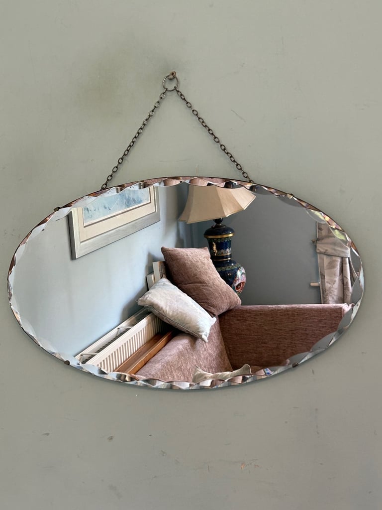 image for Vintage Bevelled Edge Mirror Signs Some marks H with Chain    C642