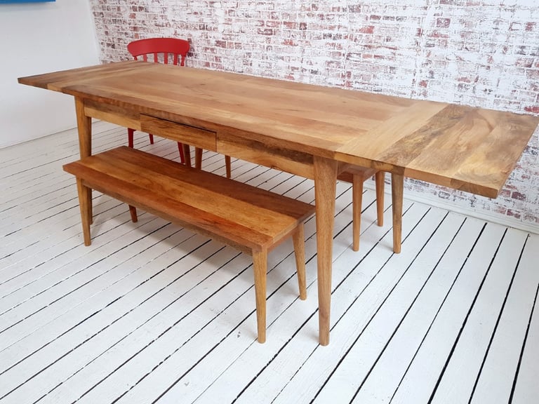 Scandi Mid-Century Modern Extending Hardwood Dining Table & Bench Set