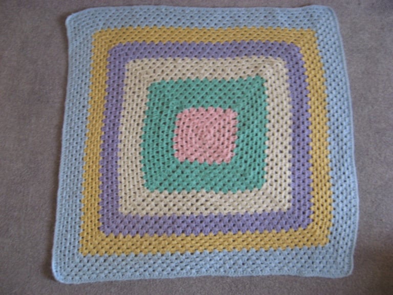 small multi coloured crochet pram / cot blanket 76cm square  southbourne