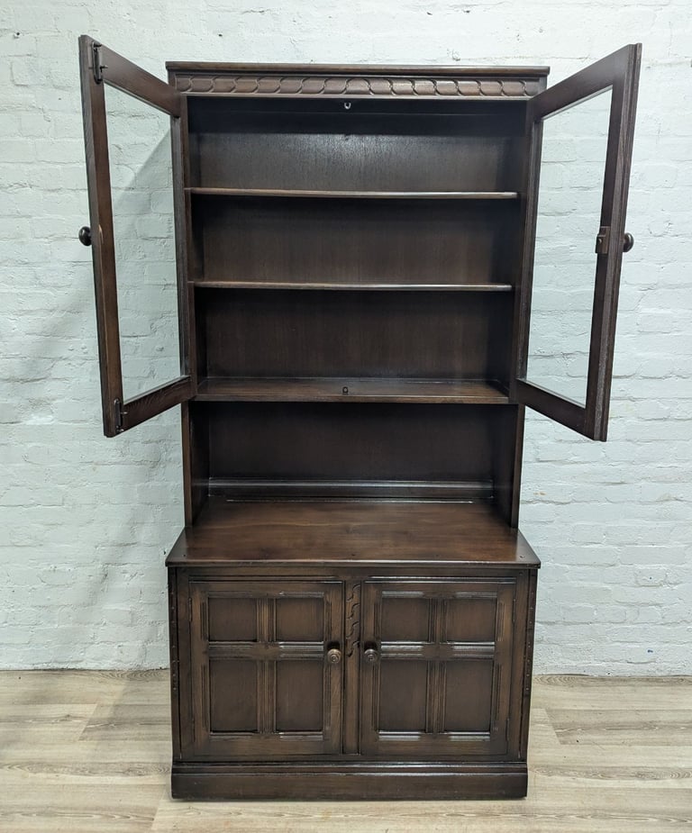 Ercol 586L & 580 Mural glazed bookcase over 2 door cupboard unit dark finish
