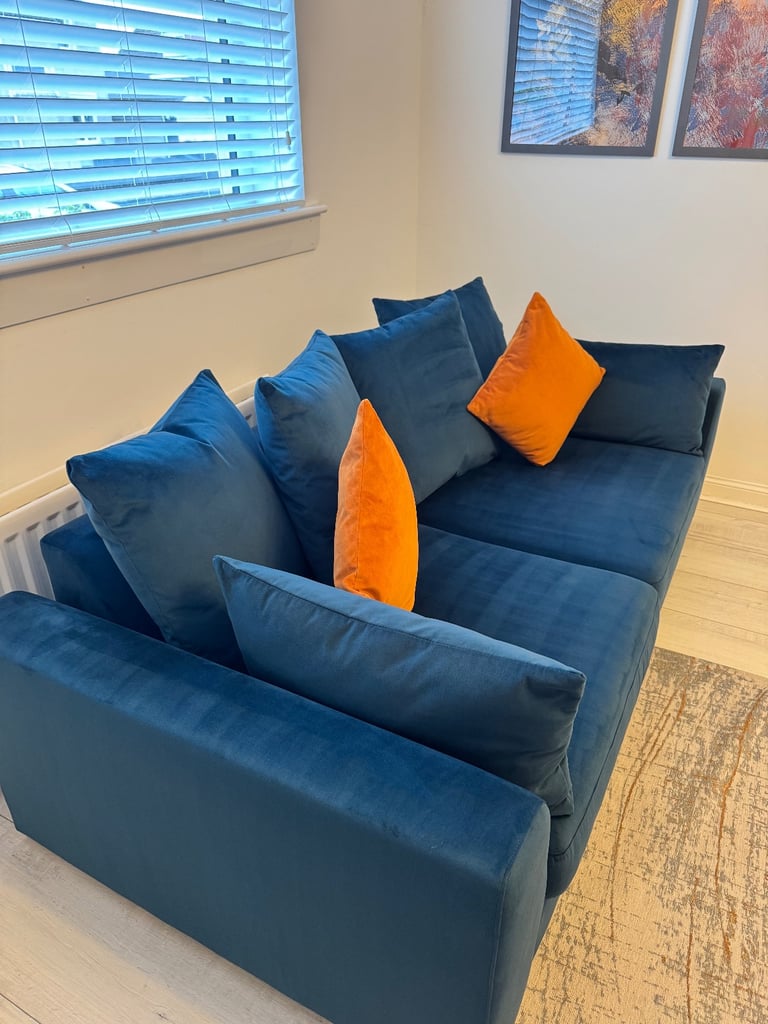 Plush Velvet Dark Blue Pillow Back 3 Seater Sofa, Large Dark Blue Footstool and Orange Accent Chair