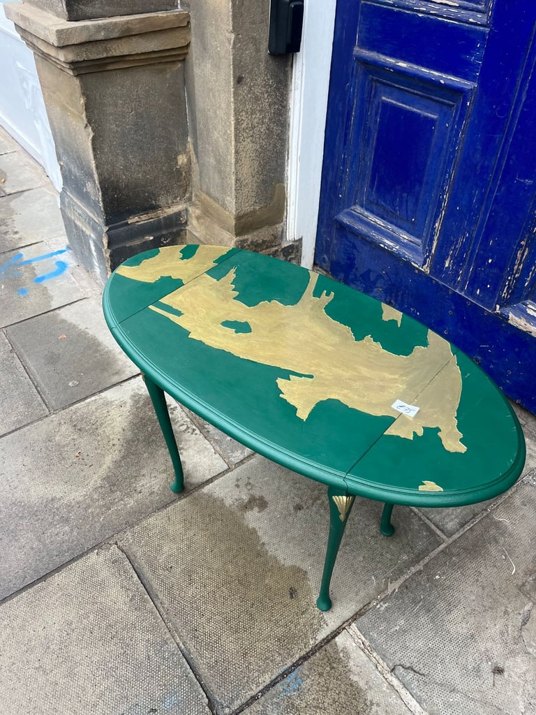 Side Table - Painted Green and Gold - Ends extend   