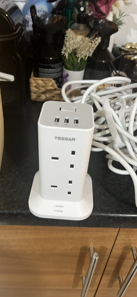image for Tower Extension Lead 10M with USB C Slots, TESSAN 8 Way Multi Plug Extension Socket, 
