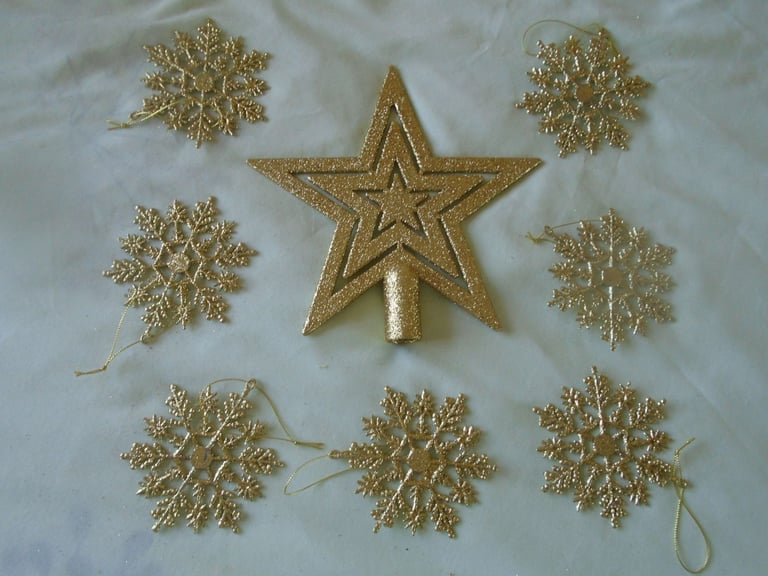 Gold glitter Christmas Xmas tree topper & 7 x icicle hanging decorations