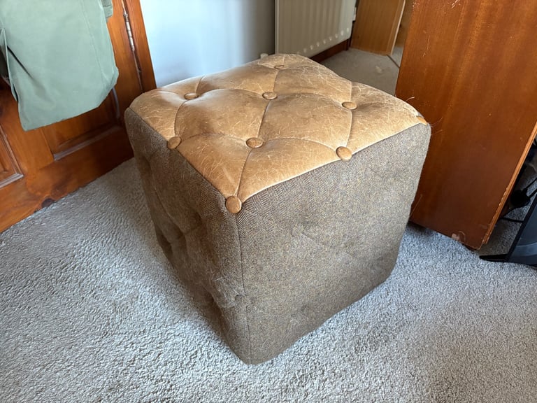 Gorgeous green wool and brown pinned leather foot cube