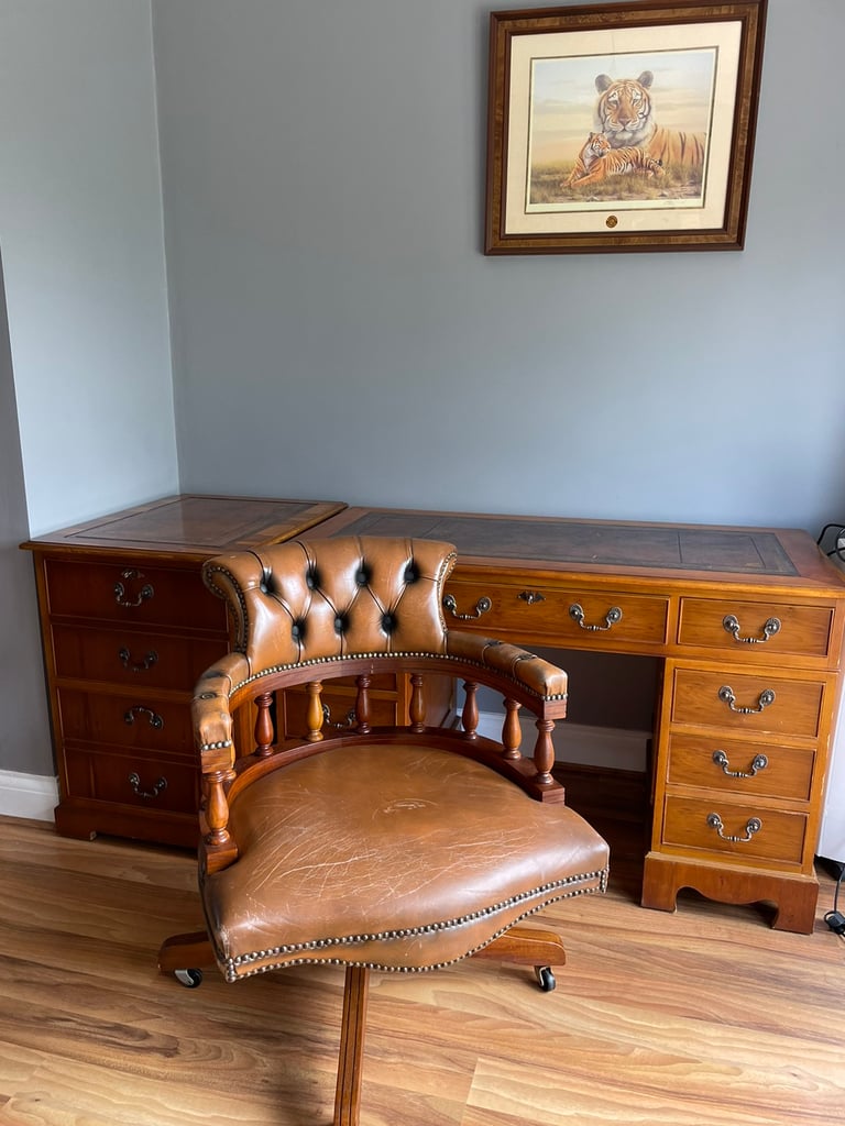 Tan Chesterfield Gainsborough Chair, Desk + Key & Cabinet + Key