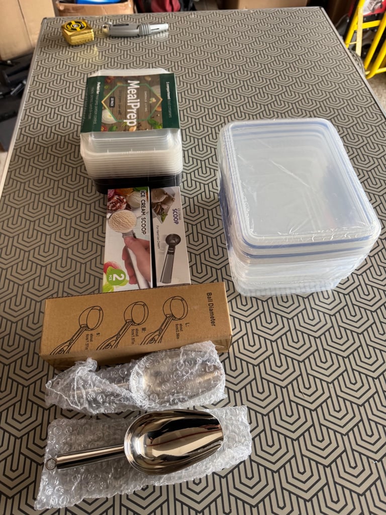 Kitchen containers and ice cream scoops