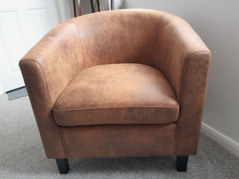 image for Tub Chair Armchair Club Barrell Chair in Brown Tan Suede Faux Leather Fabric NEW