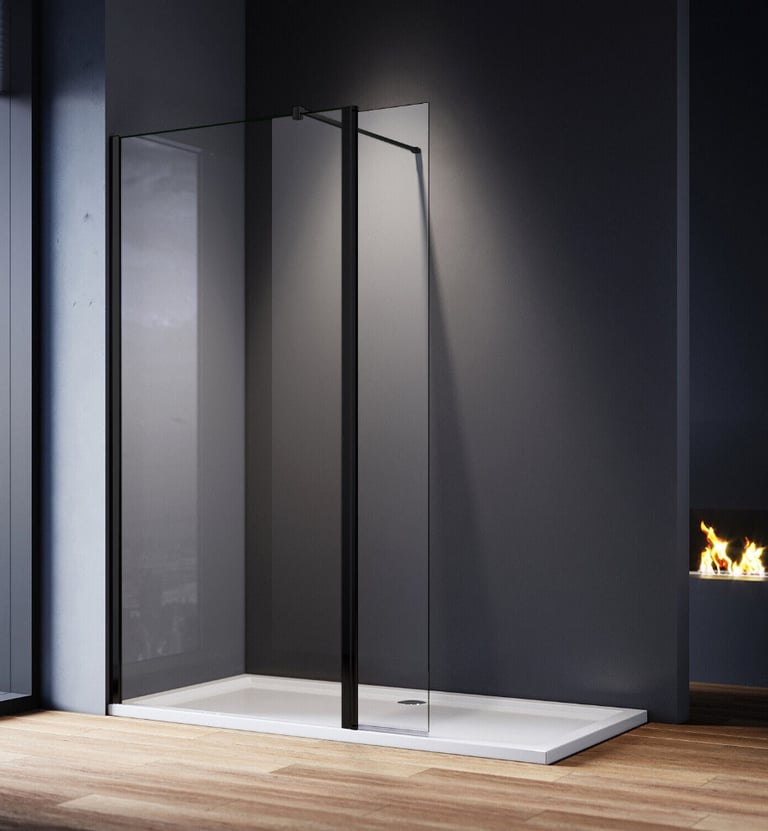 image for New Clear 8mm Walk In Shower Screen + Flipper and Black Fittings 800mm RRP £250 Our Price £165