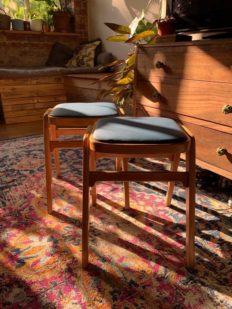 image for 2 x mid century modern vintage refurbished stools - real leather and solid wood