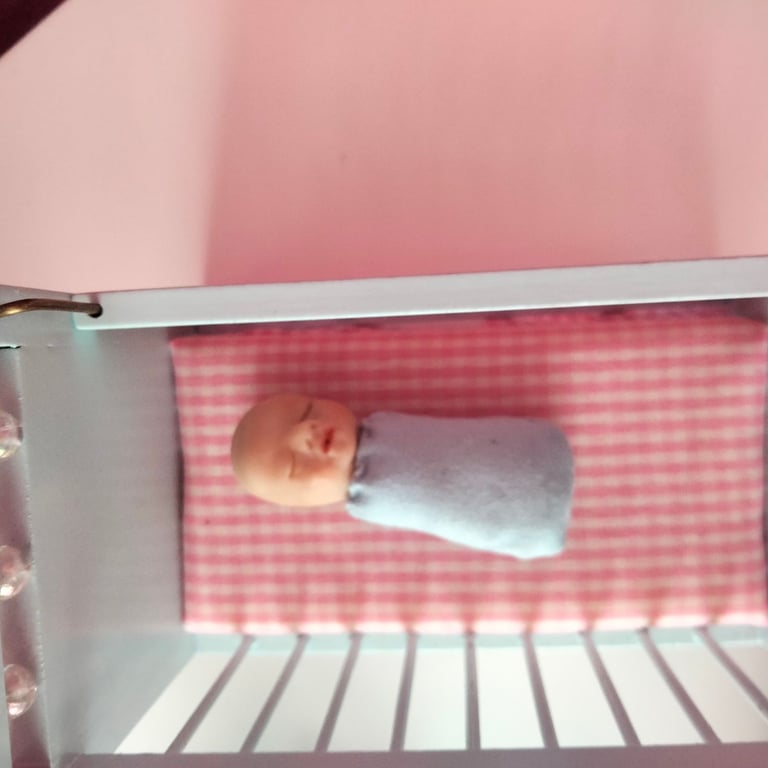 Dolls house blue nursery furniture set including baby head 