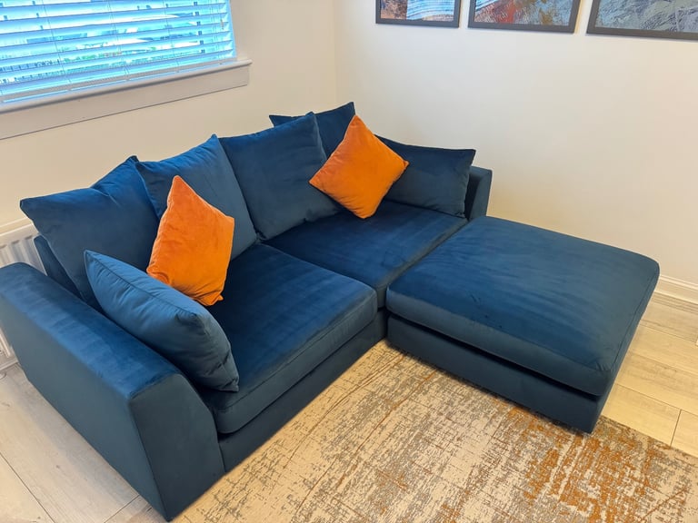 Plush Velvet Dark Blue Pillow Back 3 Seater Sofa, Large Dark Blue Footstool and Orange Accent Chair